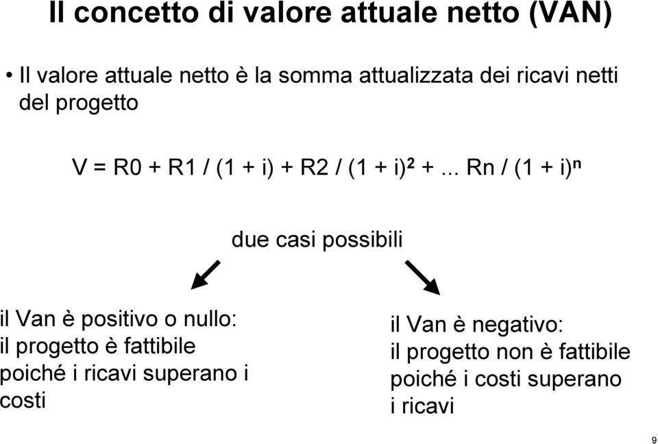 .. Rn / (1 + i) n due casi possibili il Van è positivo o nullo: il progetto è fattibile