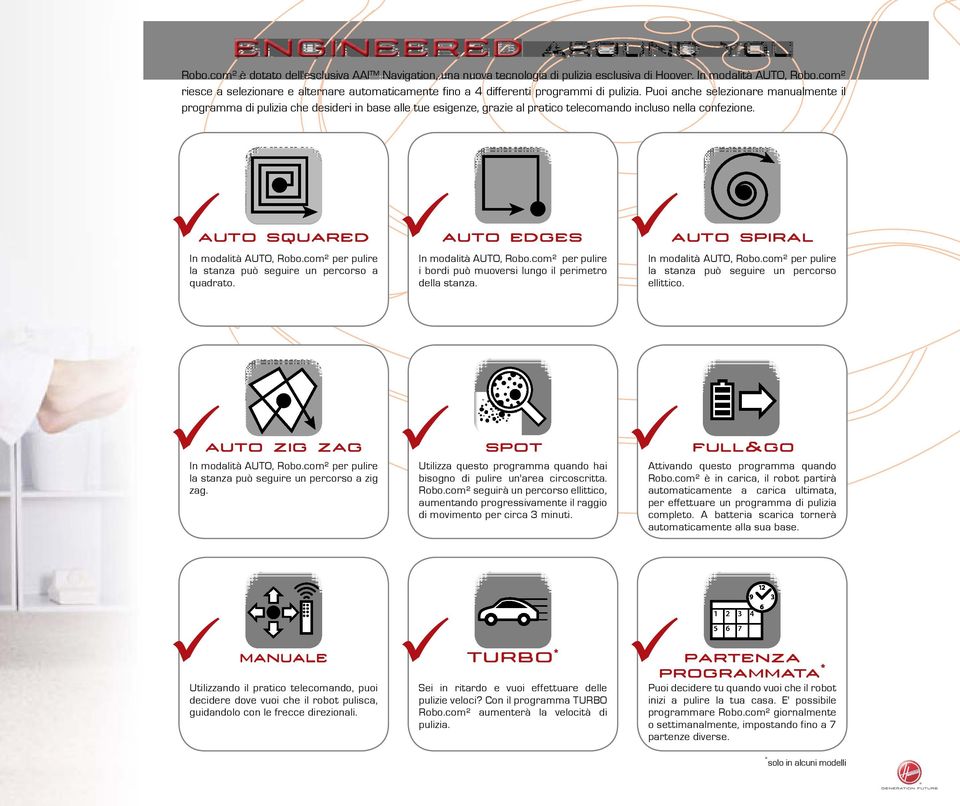 Puoi anche selezionare manualmente il programma di pulizia che desideri in base alle tue esigenze, grazie al pratico telecomando incluso nella confezione. auto squared In modalità AUTO, Robo.