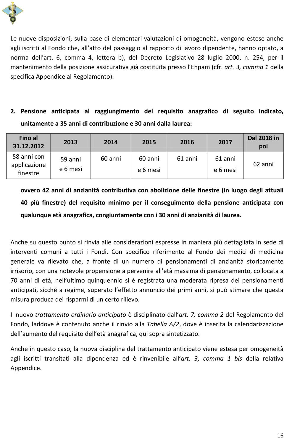 2. Pensione anticipata al raggiungimento del requisito anagrafico di seguito indicato, unitamente a 35 anni di contribuzione e 30 anni dalla laurea: Fino al 31.12.