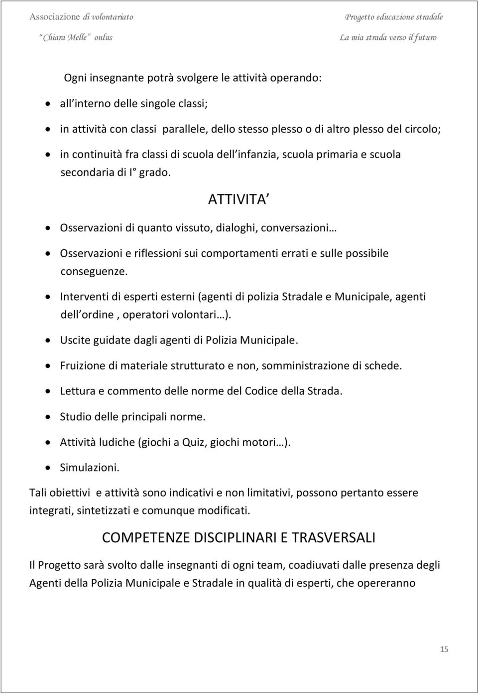 ATTIVITA Osservazioni di quanto vissuto, dialoghi, conversazioni Osservazioni e riflessioni sui comportamenti errati e sulle possibile conseguenze.