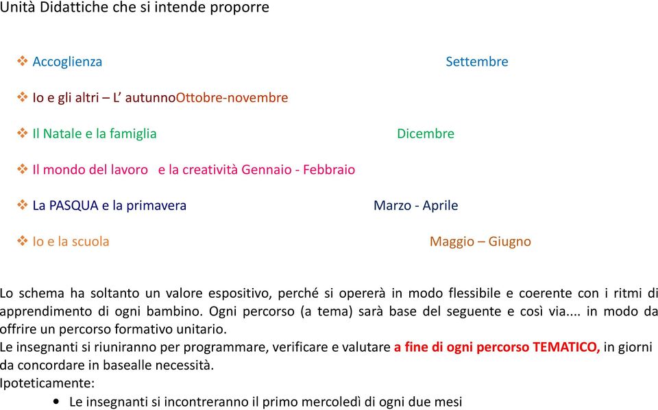 apprendimento di ogni bambino. Ogni percorso (a tema) sarà base del seguente e così via... in modo da offrire un percorso formativo unitario.