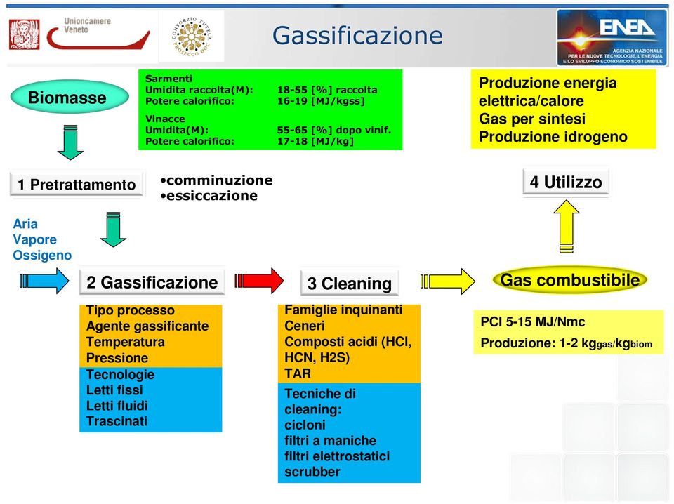 17-18 [MJ/kg] Produzione energia elettrica/calore Gas per sintesi Produzione idrogeno 1 Pretrattamento comminuzione essiccazione 4 Utilizzo Aria Vapore Ossigeno 2