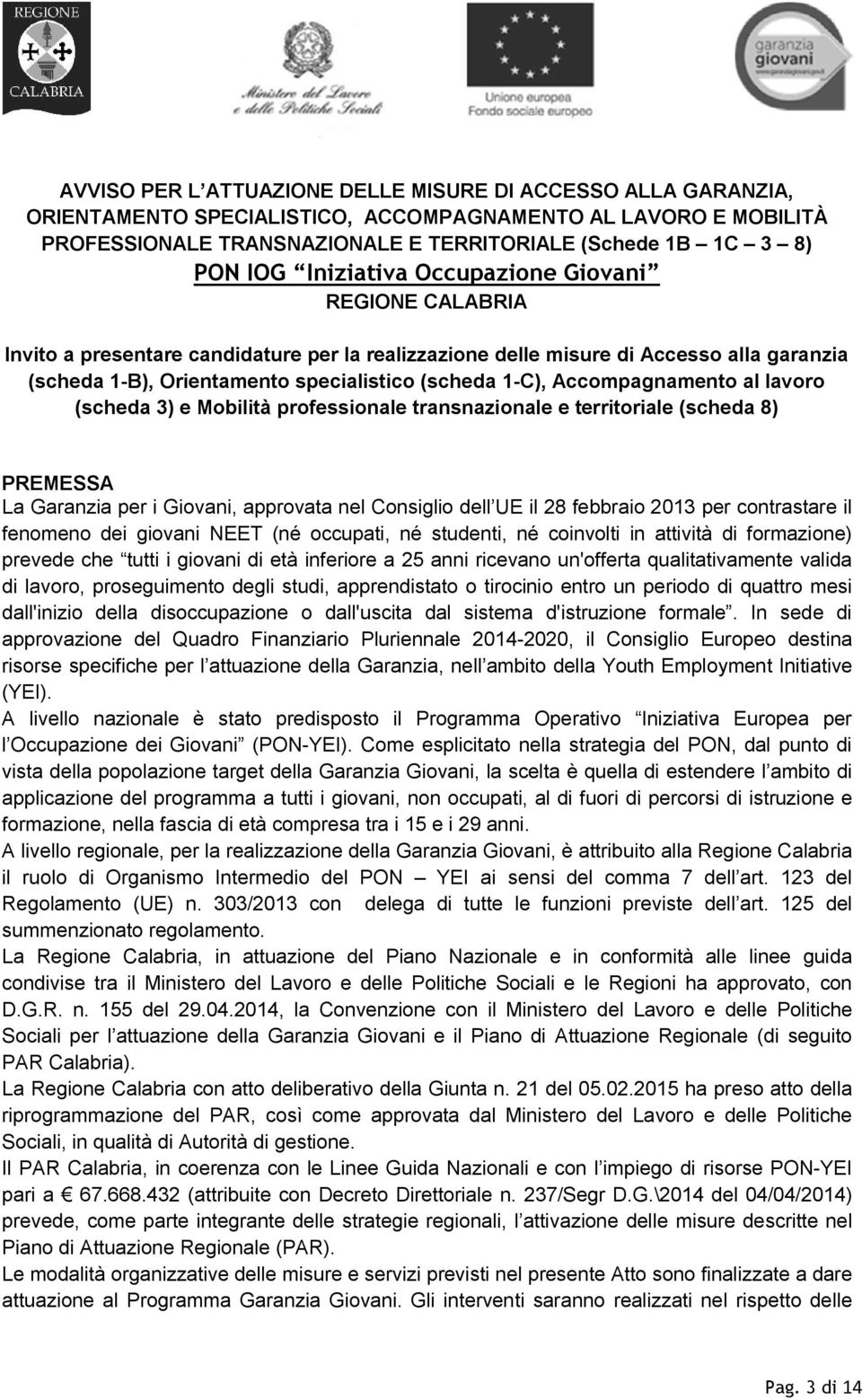 Accompagnamento al lavoro (scheda 3) e Mobilità professionale transnazionale e territoriale (scheda 8) PREMESSA La Garanzia per i Giovani, approvata nel Consiglio dell UE il 28 febbraio 2013 per