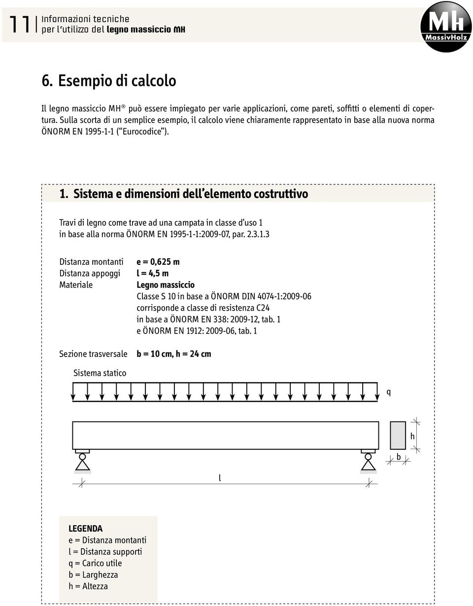 95-1-1 ( Eurocodice ). 1. Sistema e dimensioni dell elemento costruttivo Travi di legno come trave ad una campata in classe d uso 1 in base alla norma ÖNORM EN 1995-1-1:2009-07, par. 2.3.1.3 Distanza