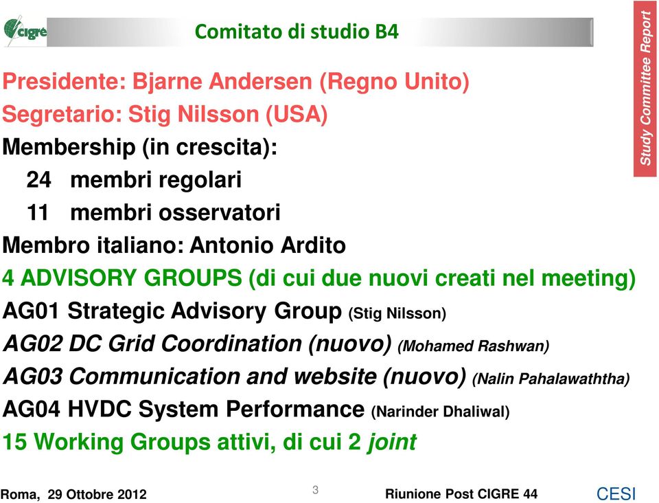 Strategic Advisory Group (Stig Nilsson) AG02 DC Grid Coordination (nuovo) (Mohamed Rashwan) AG03 Communication and