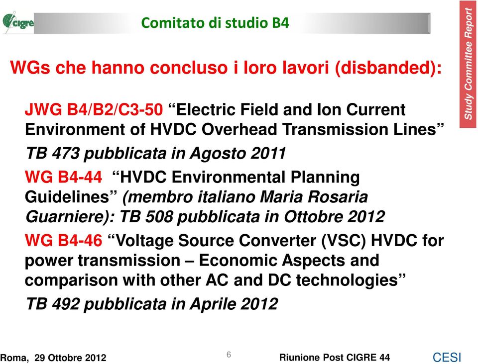 italiano Maria Rosaria Guarniere): TB 508 pubblicata in Ottobre 2012 WG B4-46 Voltage Source Converter (VSC) HVDC for