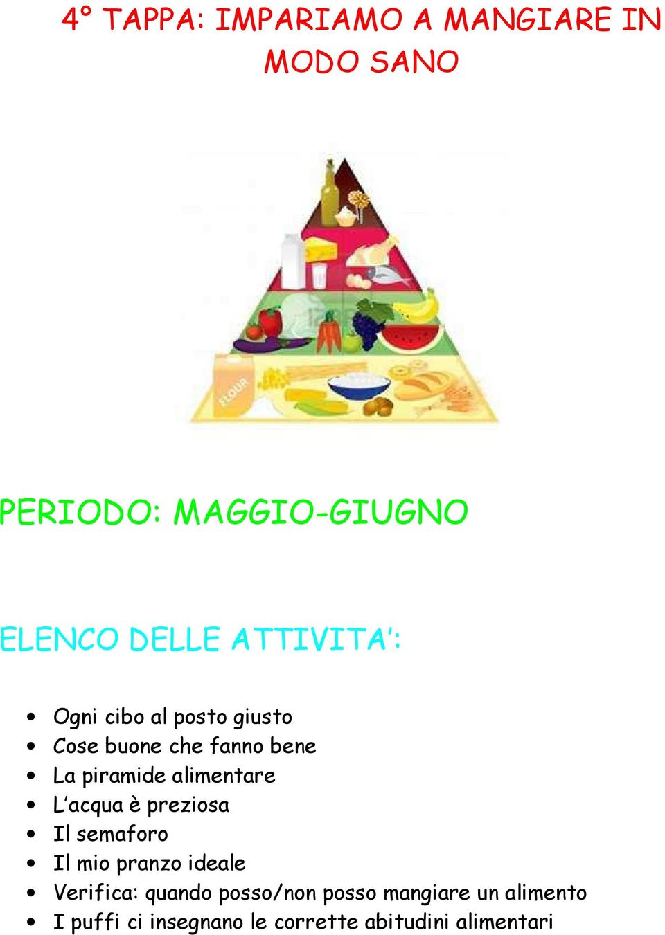 alimentare L acqua è preziosa Il semaforo Il mio pranzo ideale Verifica: quando