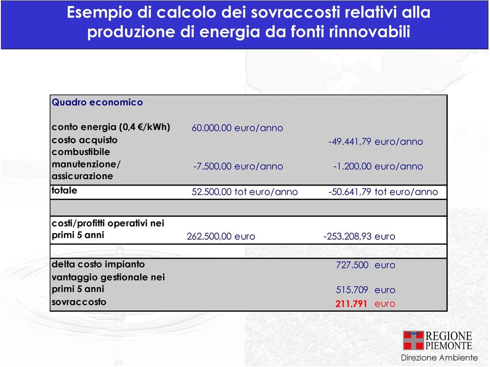 200,00 euro/anno totale 52.500,00 tot euro/anno -50.641,79 tot euro/anno costi/profitti operativi nei primi 5 anni 262.