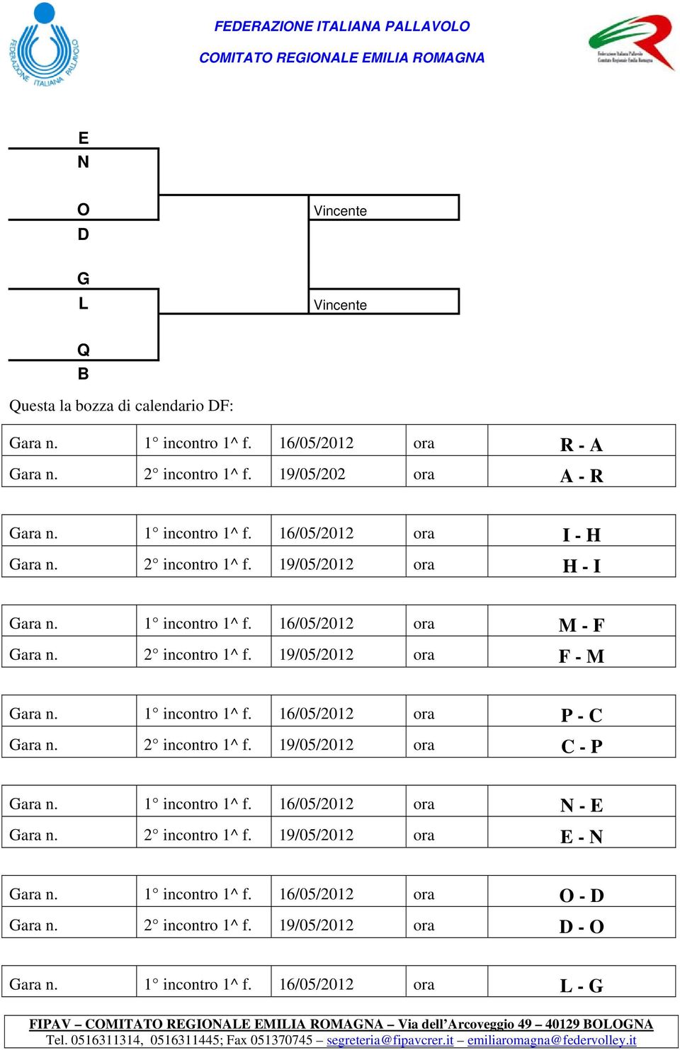 1 incontro 1^ f. 16/05/2012 ora P - C Gara n. 2 incontro 1^ f. 19/05/2012 ora C - P Gara n. 1 incontro 1^ f. 16/05/2012 ora N - E Gara n. 2 incontro 1^ f. 19/05/2012 ora E - N Gara n. 1 incontro 1^ f. 16/05/2012 ora O - D Gara n.