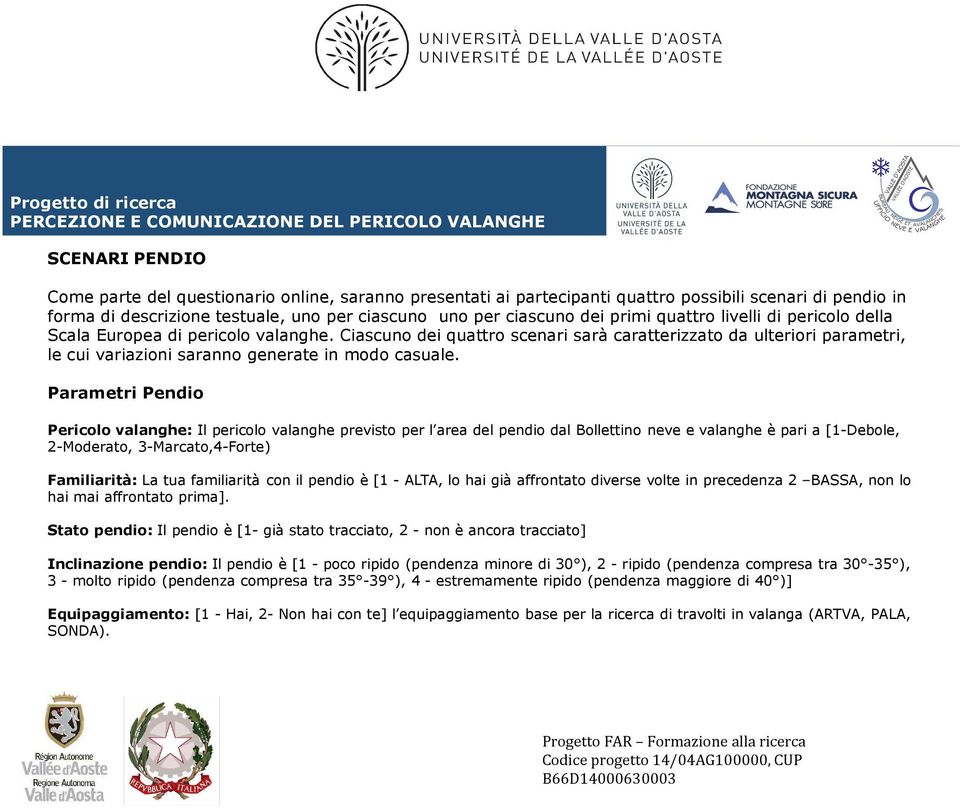 Parametri Pendio Pericolo valanghe: Il pericolo valanghe previsto per l area del pendio dal Bollettino neve e valanghe è pari a [1-Debole, 2-Moderato, 3-Marcato,4-Forte) Familiarità: La tua