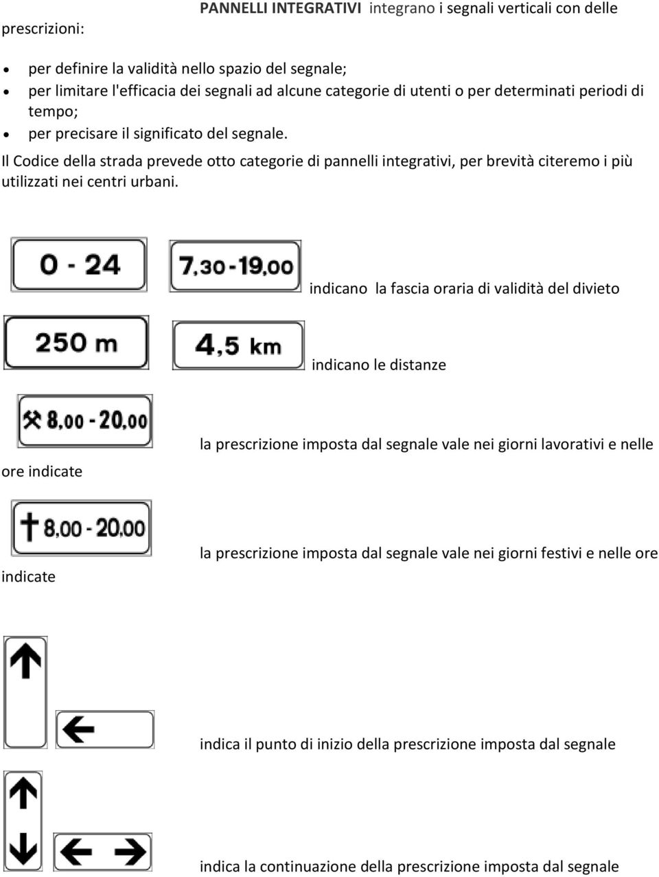 Il Codice della strada prevede otto categorie di pannelli integrativi, per brevità citeremo i più utilizzati nei centri urbani.