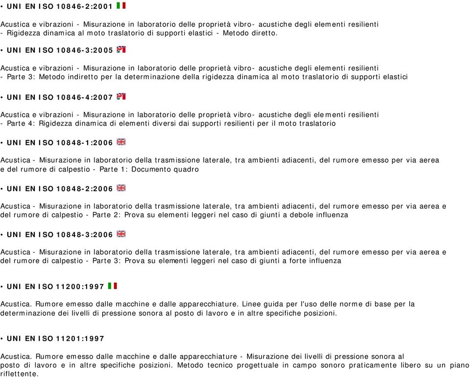 UNI EN ISO 10846-3:2005 Acustica e vibrazioni - Misurazione in laboratorio delle proprietà vibro- acustiche degli elementi resilienti - Parte 3: Metodo indiretto per la determinazione della rigidezza