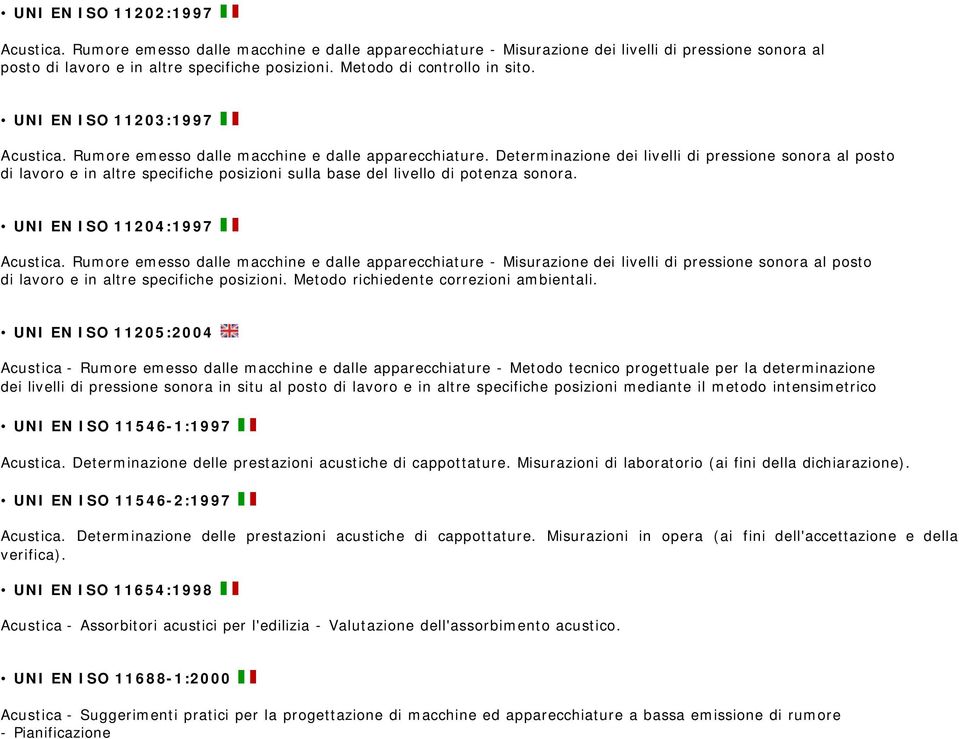 Determinazione dei livelli di pressione sonora al posto di lavoro e in altre specifiche posizioni sulla base del livello di potenza sonora. UNI EN ISO 11204:1997 Acustica.