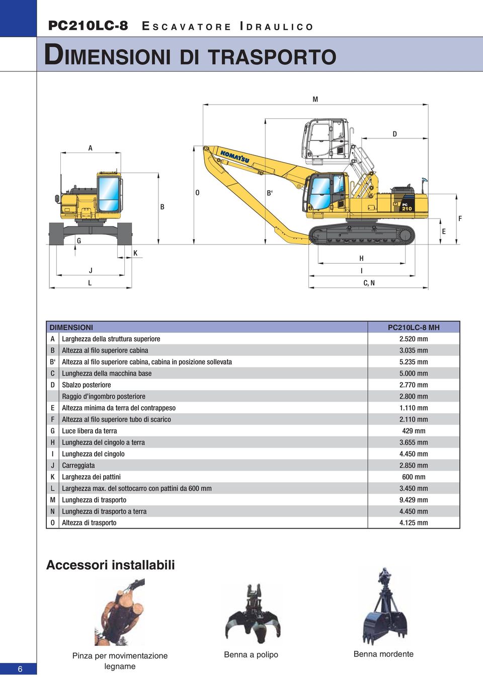 800 mm E Altezza minima da terra del contrappeso 1.110 mm F Altezza al filo superiore tubo di scarico 2.110 mm G Luce libera da terra 429 mm H Lunghezza del cingolo a terra 3.