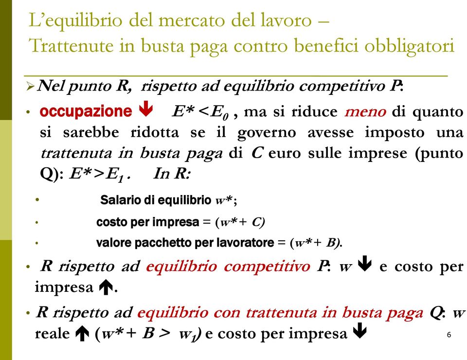 In R: Salario di equilibrio w* ; costo per impresa = (w* + C) valore pacchetto per lavoratore = (w* + B).