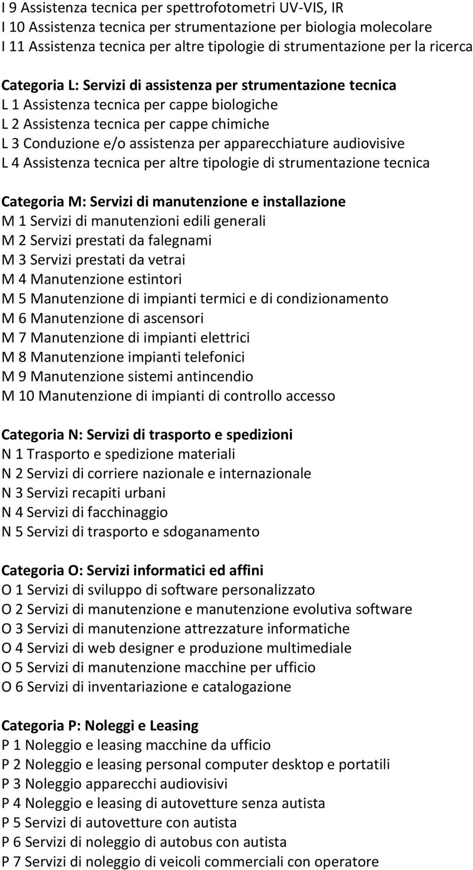 audiovisive L 4 Assistenza tecnica per altre tipologie di strumentazione tecnica Categoria M: Servizi di manutenzione e installazione M 1 Servizi di manutenzioni edili generali M 2 Servizi prestati