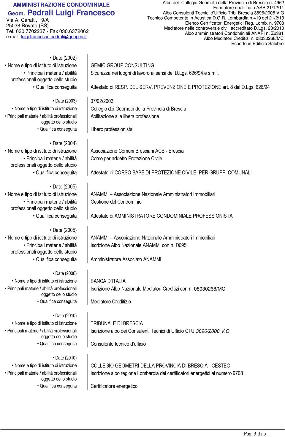 626/94 Date (2003) 07/02/2003 Collegio dei Geometri della Provincia di Brescia Abilitazione alla libera professione Libero professionista Date (2004) professionali Date (2005) professionali Date