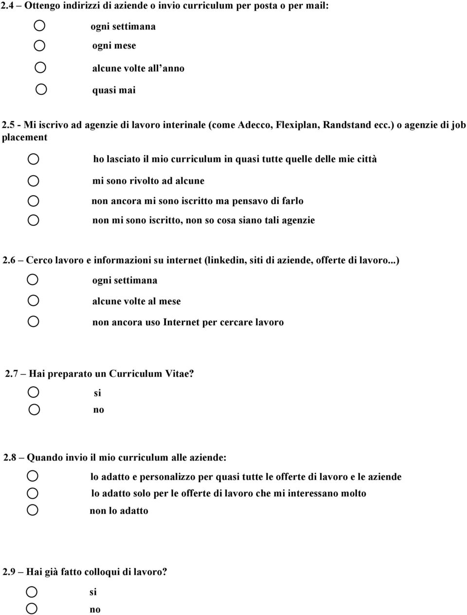 agenzie 2.6 Cerco lavoro e informazioni su internet (linkedin, ti di aziende, offerte di lavoro...) alcune volte al mese n ancora uso Internet per cercare lavoro 2.7 Hai preparato un Curriculum Vitae?