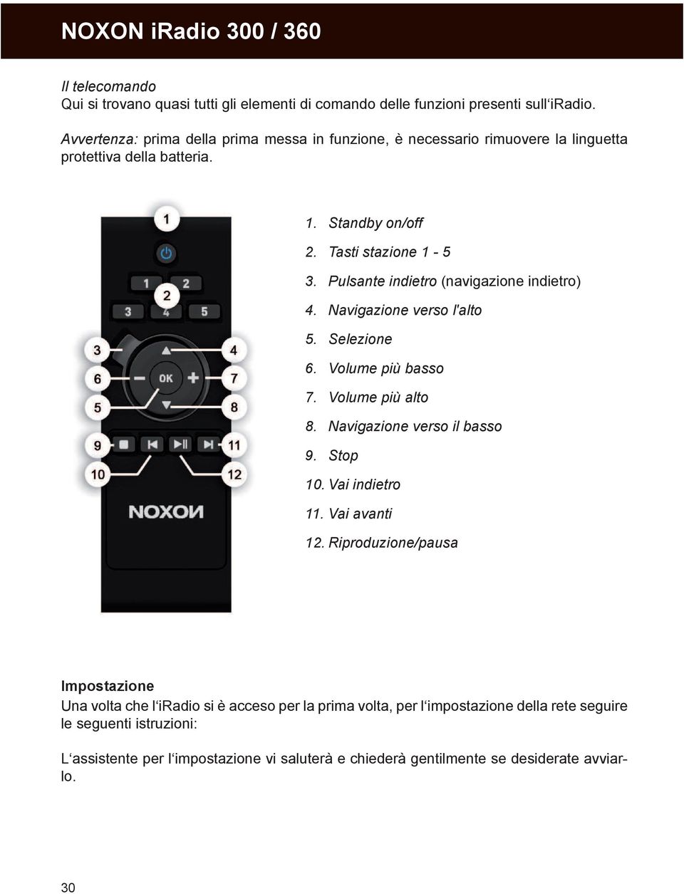 Pulsante indietro (navigazione indietro) 4. Navigazione verso l'alto 5. Selezione 6. Volume più basso 7. Volume più alto 8. Navigazione verso il basso 9. Stop 10. Vai indietro 11.