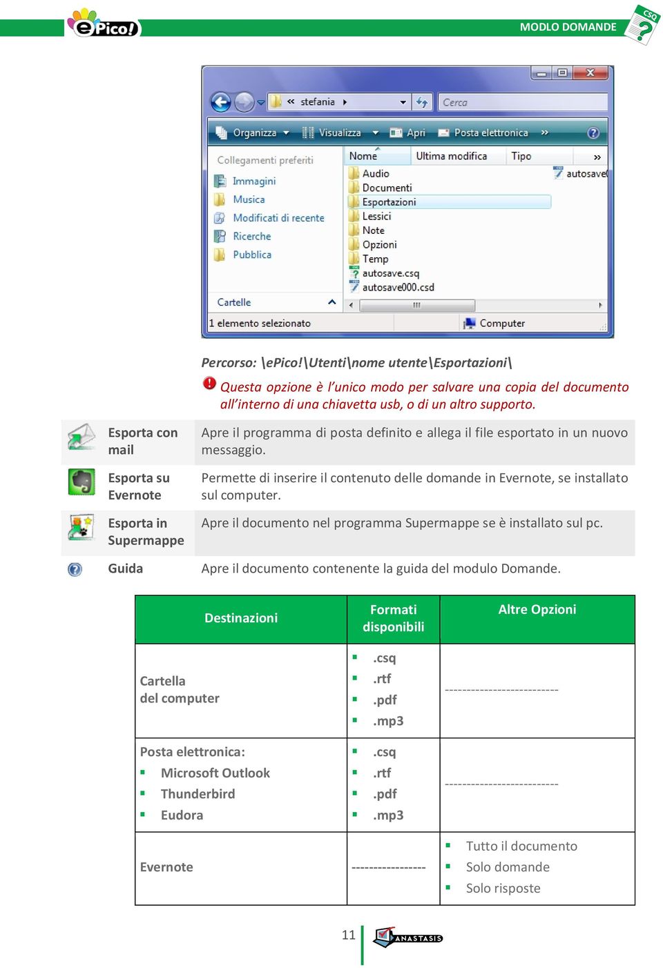 Permette di inserire il contenuto delle domande in Evernote, se installato sul computer. Apre il documento nel programma Supermappe se è installato sul pc.