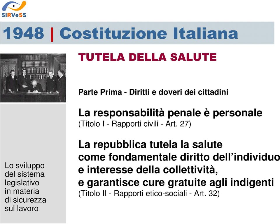 27) Lo sviluppo del sistema legislativo in materia sul lavoro La repubblica tutela la salute come