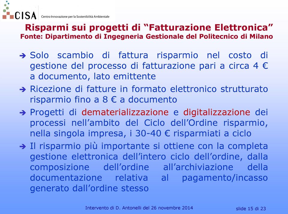 processi nell ambito del Ciclo dell Ordine risparmio, nella singola impresa, i 30-40 risparmiati a ciclo Il risparmio più importante si ottiene con la completa gestione elettronica dell intero ciclo