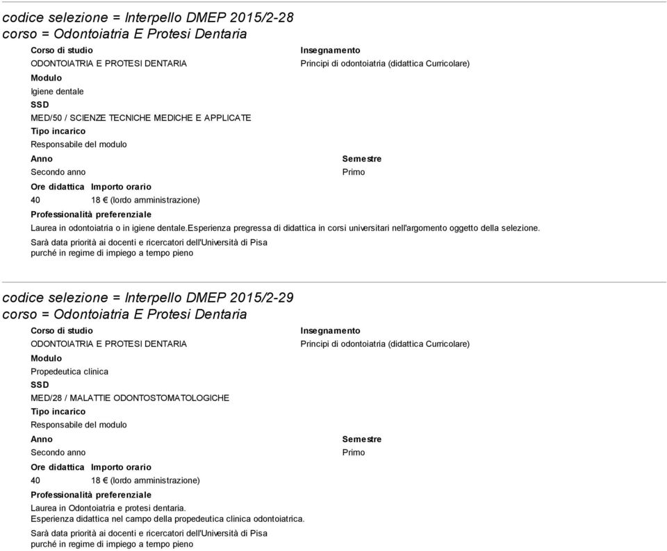 esperienza pregressa di didattica in corsi universitari nell'argomento oggetto della selezione.