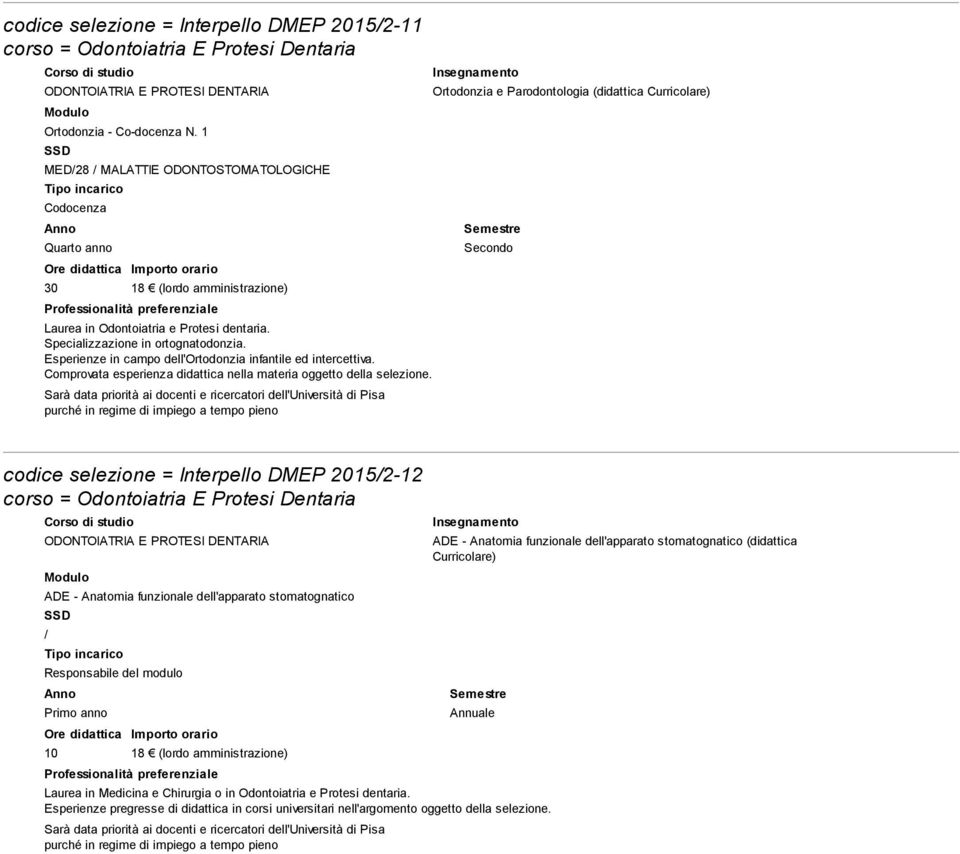 Esperienze in campo dell'ortodonzia infantile ed intercettiva. Comprovata esperienza didattica nella materia oggetto della selezione.