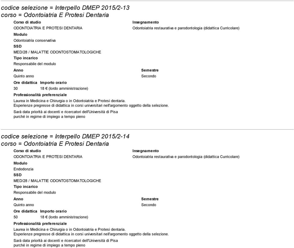 Curricolare) codice selezione = Interpello DMEP 2015/2-14 Endodonzia Quinto anno 50 