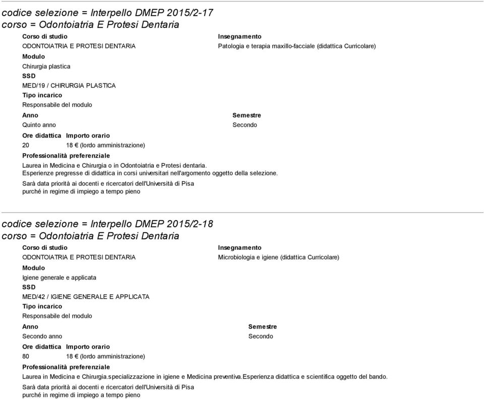 generale e applicata MED/42 / IGIENE GENERALE E APPLICATA anno 80 18 (lordo amministrazione) Microbiologia e igiene (didattica