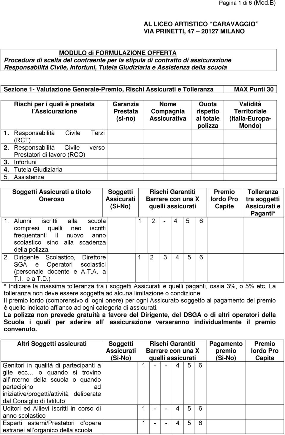 Infortuni, Tutela Giudiziaria e Assistenza della scuola Sezione 1- Valutazione Generale-Premio, Rischi Assicurati e Tolleranza MAX Punti 30 Rischi per i quali è prestata l Assicurazione 1.