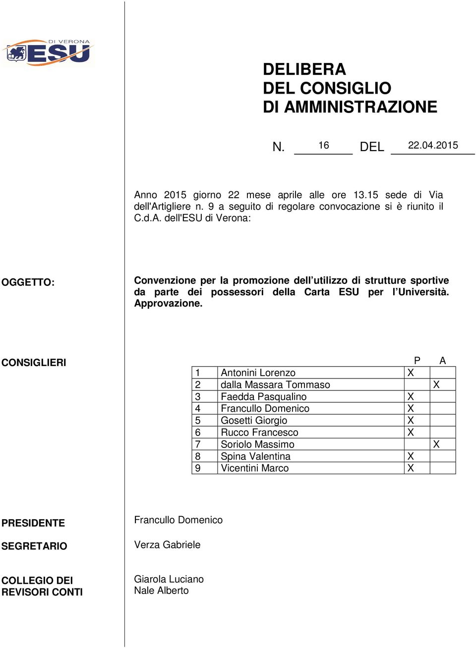 dell'esu di Verona: OGGETTO: Convenzione per la promozione dell utilizzo di strutture sportive da parte dei possessori della Carta ESU per l Università. Approvazione.