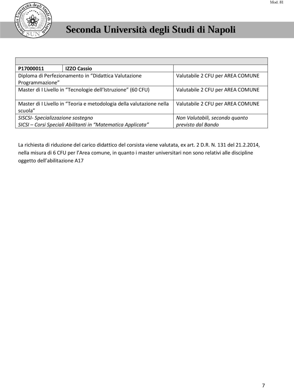 Matematica Applicata Non Valutabili, secondo quanto previsto dal Bando La richiesta di riduzione del carico didattico del corsista viene valutata, ex art.