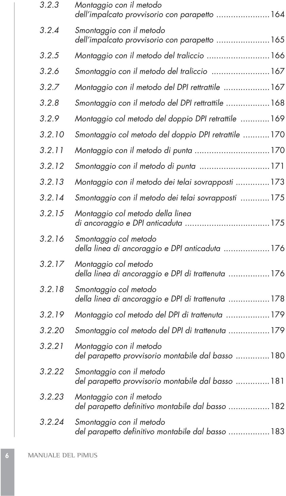 ..169 3.2.10 Smontaggio col metodo del doppio DPI retrattile...170 3.2.11 Montaggio con il metodo di punta...170 3.2.12 Smontaggio con il metodo di punta...171 3.2.13 Montaggio con il metodo dei telai sovrapposti.