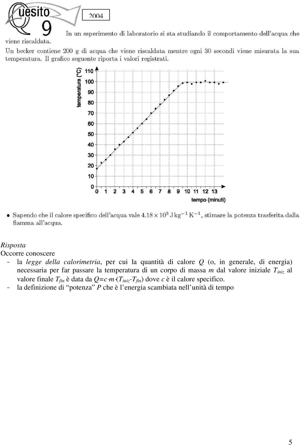 iniziale T iniz al valore finale T fin è data da Q=c m (T iniz -T fin ) dove c è il