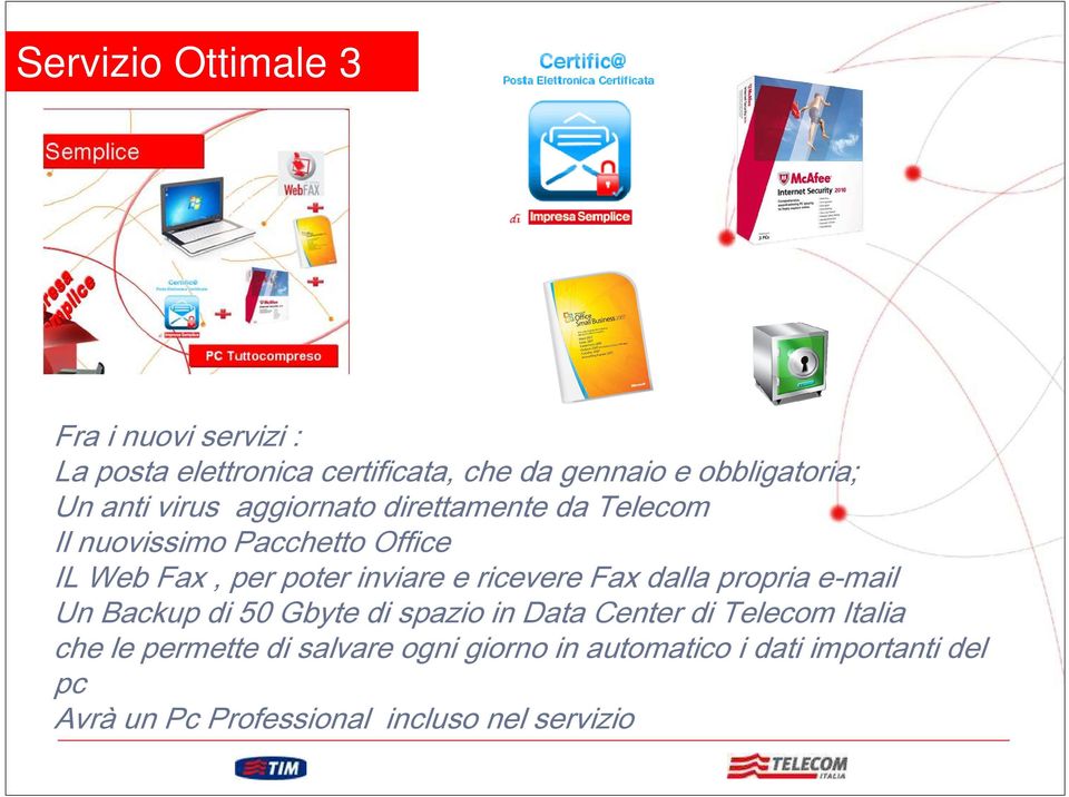 inviare e ricevere Fax dalla propria e-mail Un Backup di 50 Gbyte di spazio in Data Center di Telecom Italia che le