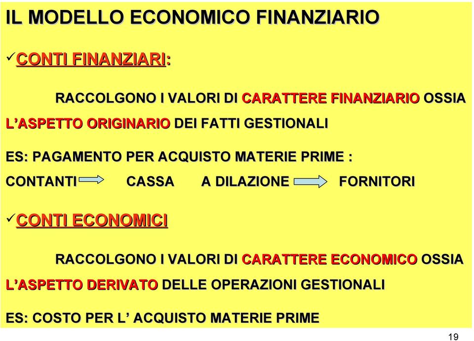 PRIME : CONTANTI CASSA A DILAZIONE FORNITORI CONTI ECONOMICI RACCOLGONO I VALORI DI CARATTERE