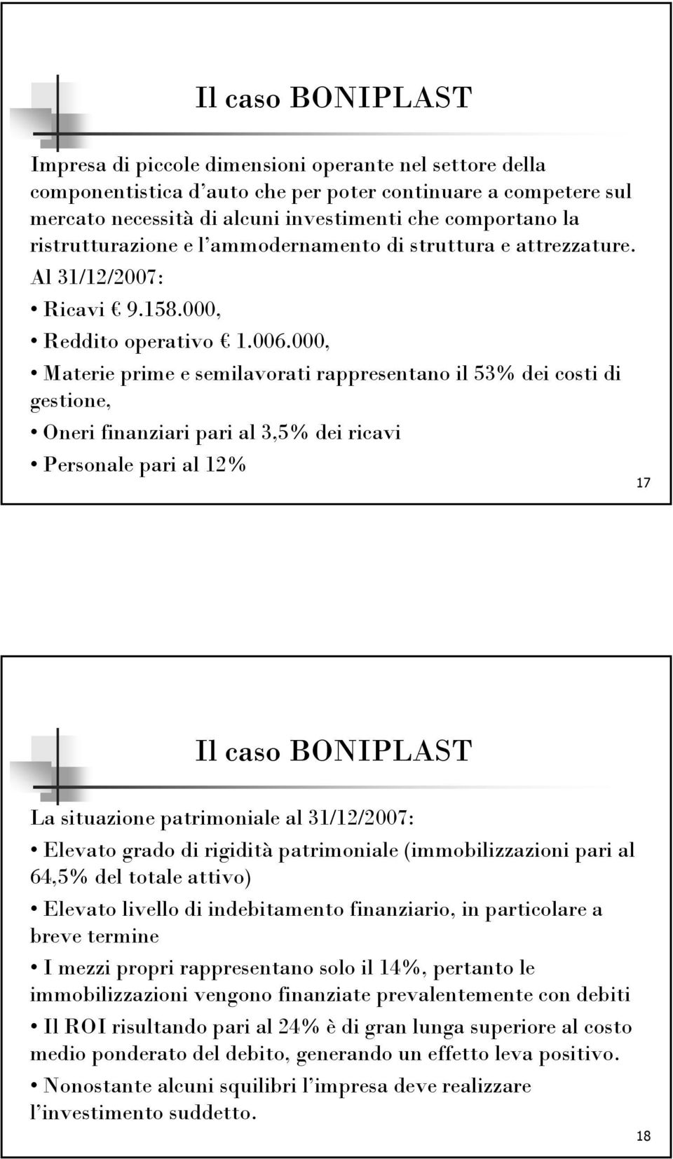 000, Materie prime e semilavorati rappresentano il 53% dei costi di gestione, Oneri finanziari pari al 3,5% dei ricavi Personale pari al 12% 17 Il caso BONIPLAST La situazione patrimoniale al