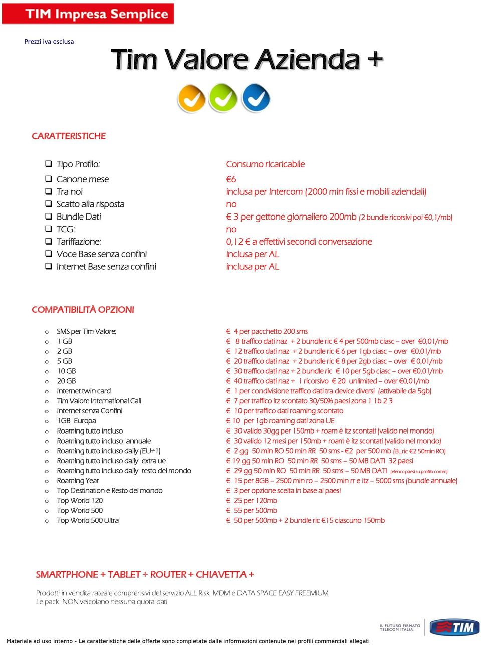 per Tim Valore: 4 per pacchetto 200 sms o 1 GB 8 traffico dati naz + 2 bundle ric 4 per 500mb ciasc over 0,01/mb o 2 GB 12 traffico dati naz + 2 bundle ric 6 per 1gb ciasc over 0,01/mb o 5 GB 20