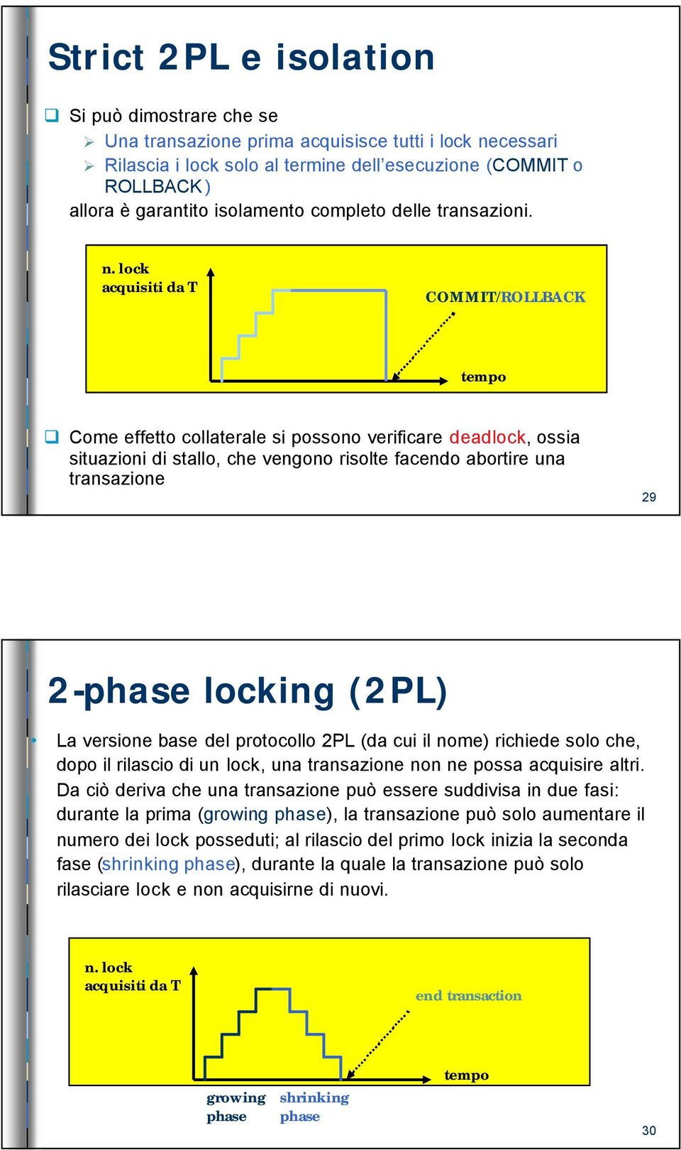 lock acquisiti da T COMMIT/ROLLBACK tempo Come effetto collaterale si possono verificare deadlock, ossia situazioni di stallo, che vengono risolte facendo abortire una transazione 29 2-phase locking