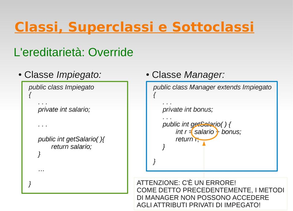 bonus; public int getsalario( ) int r = salario + bonus; return r; ATTENZIONE: C'È UN ERRORE!