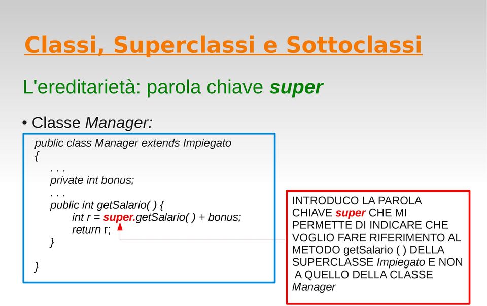 getsalario( ) + bonus; return r; INTRODUCO LA PAROLA CHIAVE super CHE MI PERMETTE DI