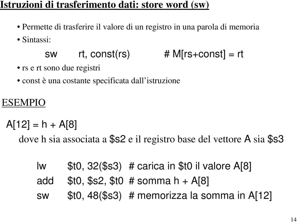 dall istruzione ESEMPIO A[12] = h + A[8] dove h sia associata a $s2 e il registro base del vettore A sia $s3 lw add