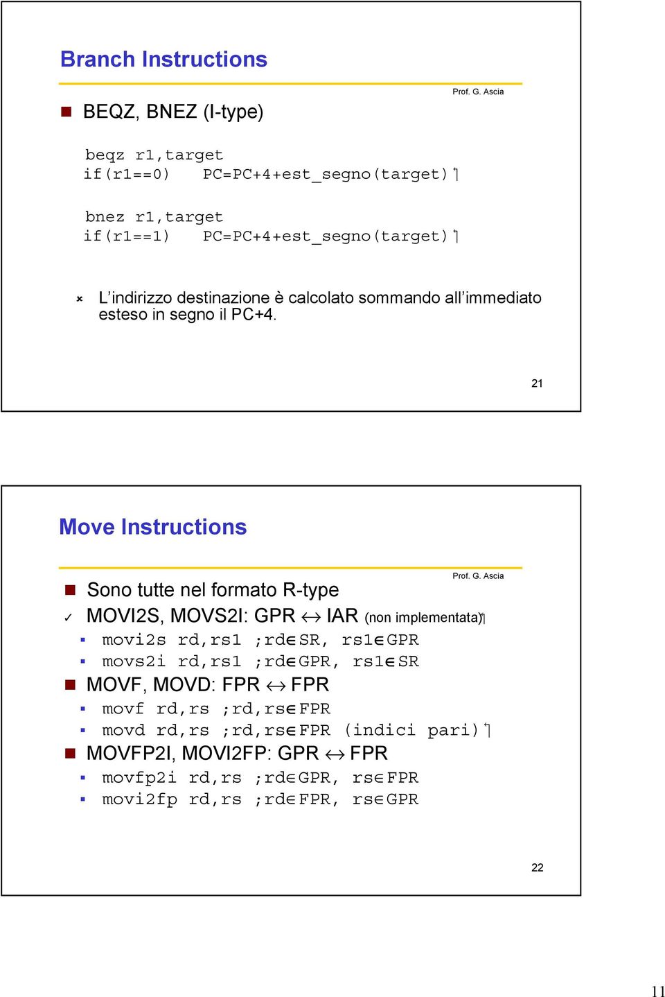 21 Move Instructions Sono tutte nel formato R-type ( implementata MOVI2S, MOVS2I: GPR IAR (non movi2s rd,rs1 ;rd SR, rs1 GPR movs2i rd,rs1
