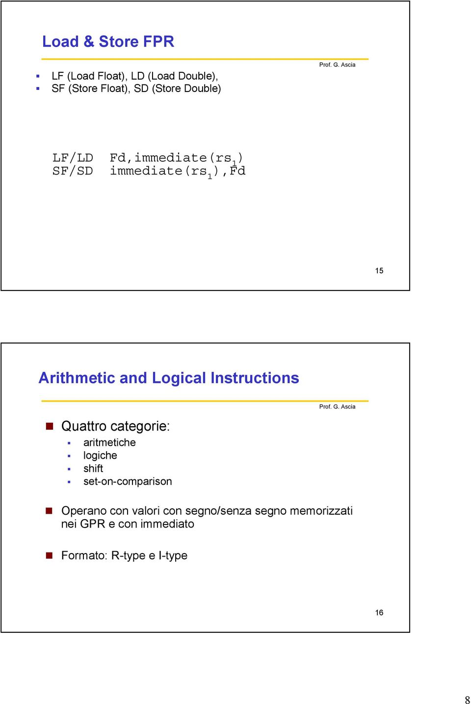 Instructions Quattro categorie: aritmetiche logiche shift set-on-comparison Operano con