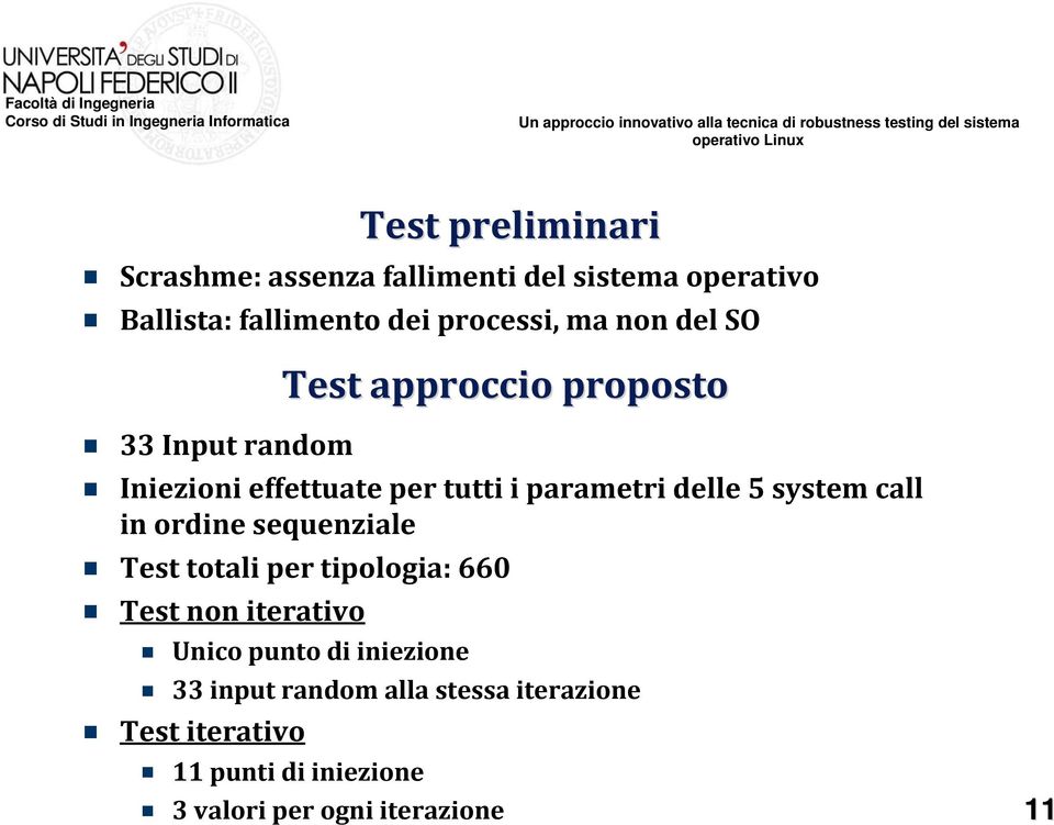 system call in ordine sequenziale Test totali per tipologia: 660 Test non iterativo Unico punto di