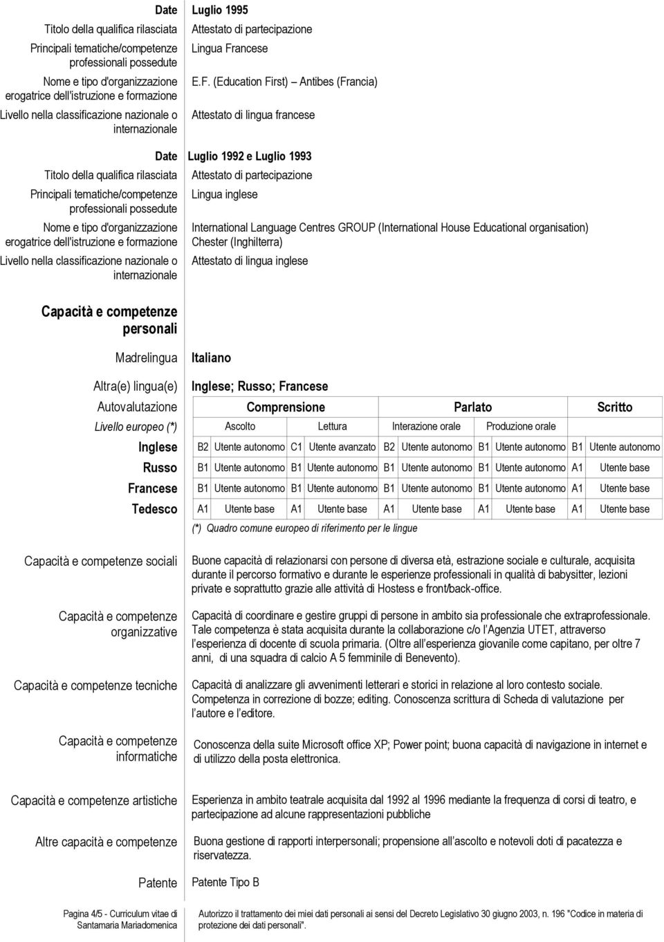 (Education First) Antibes (Francia) Attestato di lingua francese Date Luglio 1992 e Luglio 1993 Attestato di partecipazione Lingua inglese International Language Centres GROUP (International House