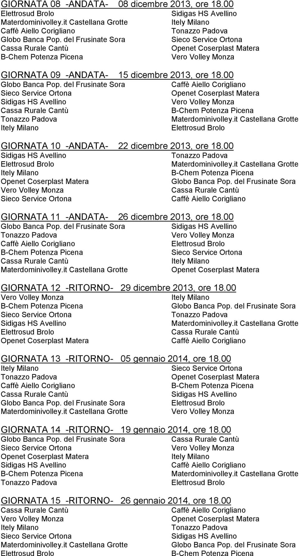 00 GIORNATA 12 -RITORNO- 29 dicembre 2013, ore 18.