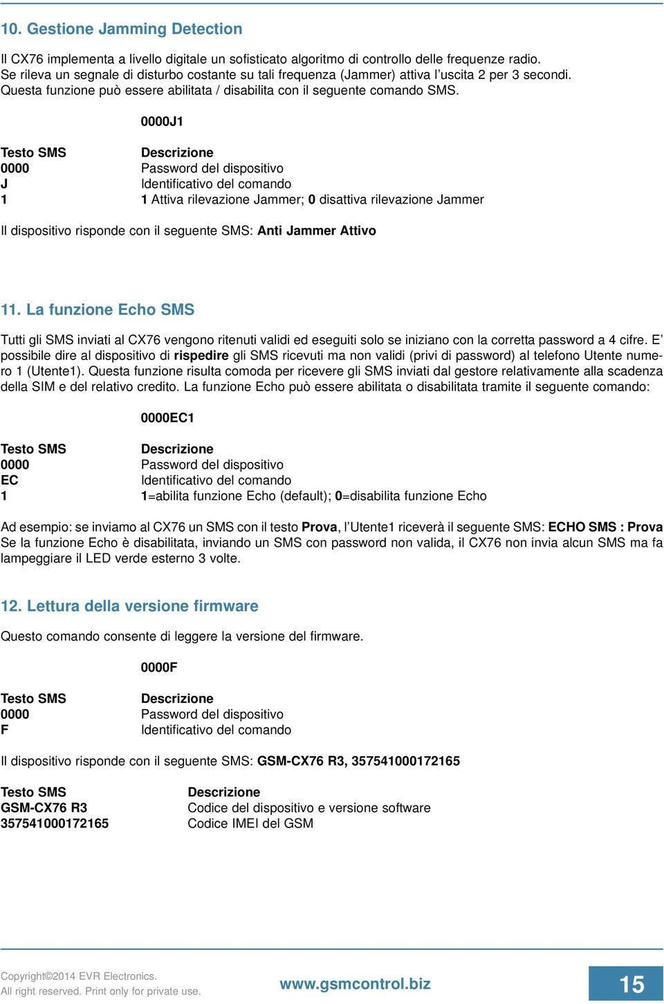 0000J1 J 1 1Attiva rilevazione Jammer; 0 disattiva rilevazione Jammer Il dispositivo risponde con il seguente SMS: Anti Jammer Attivo 11.