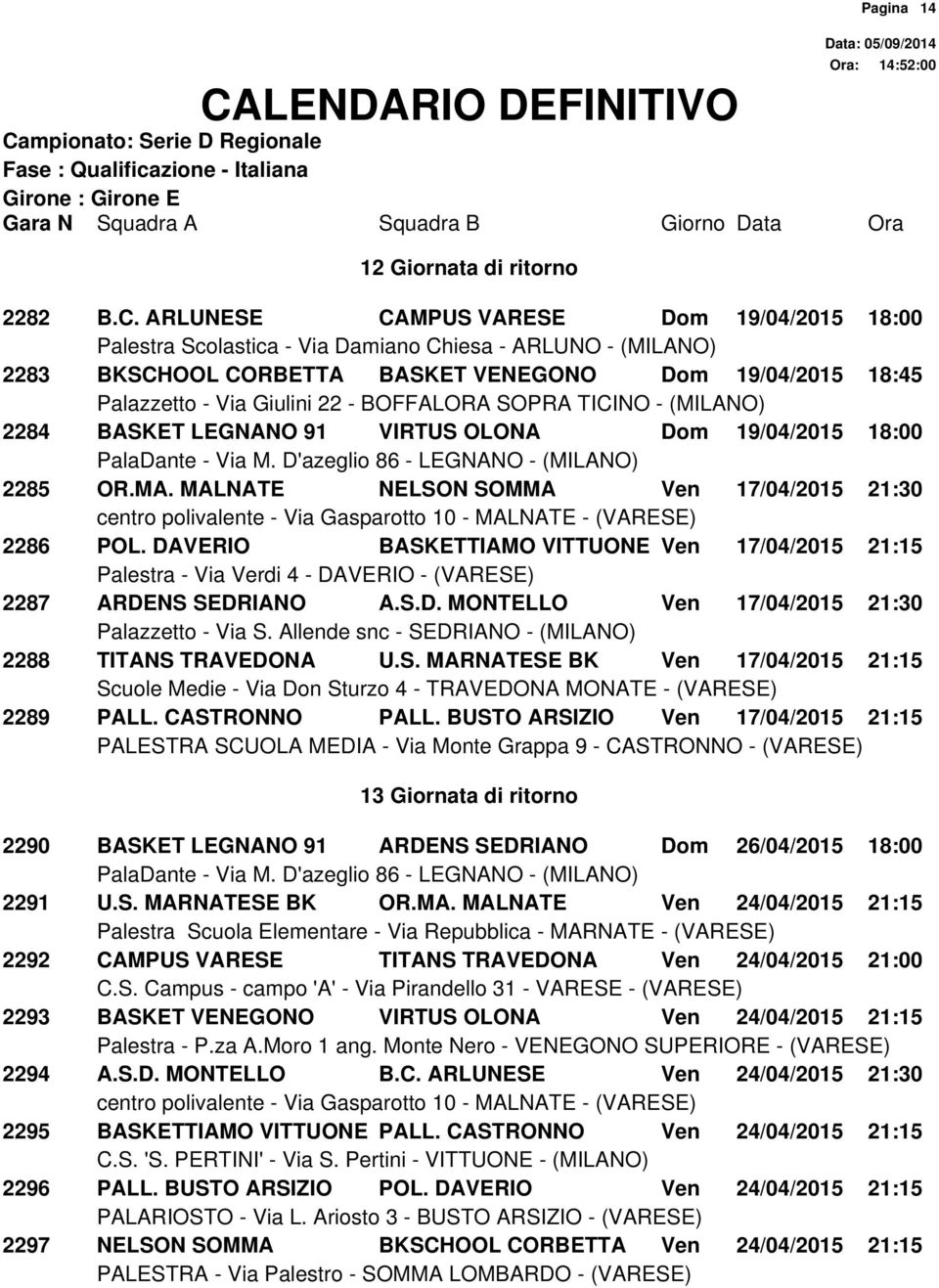 MALNATE NELSON SOMMA Ven 17/04/2015 21:30 2286 POL. DAVERIO BASKETTIAMO VITTUONE Ven 17/04/2015 21:15 2287 ARDENS SEDRIANO A.S.D. MONTELLO Ven 17/04/2015 21:30 2288 TITANS TRAVEDONA U.S. MARNATESE BK Ven 17/04/2015 21:15 2289 PALL.